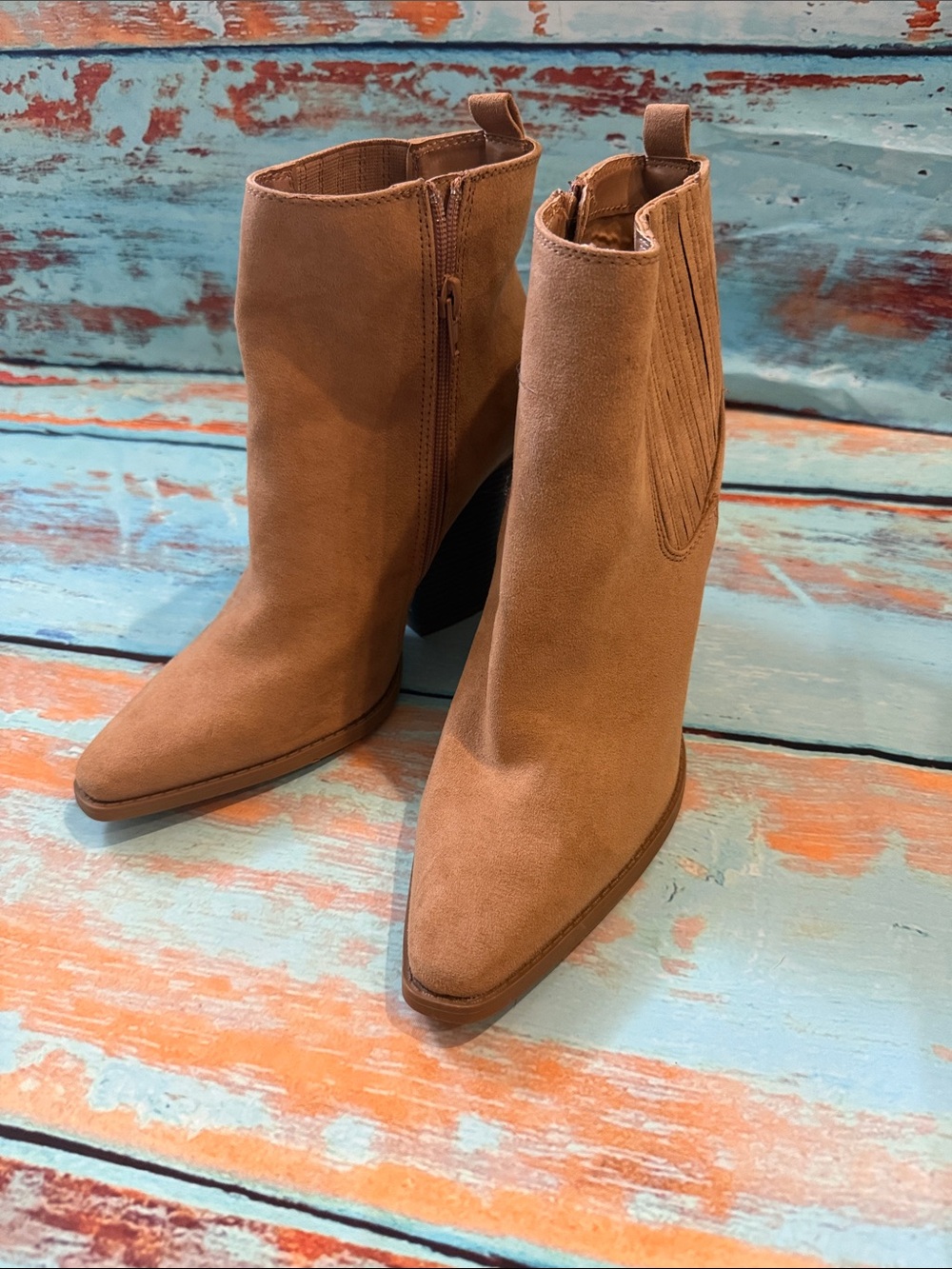Qupid Tan Pointed-Toe Suede Ankle Booties